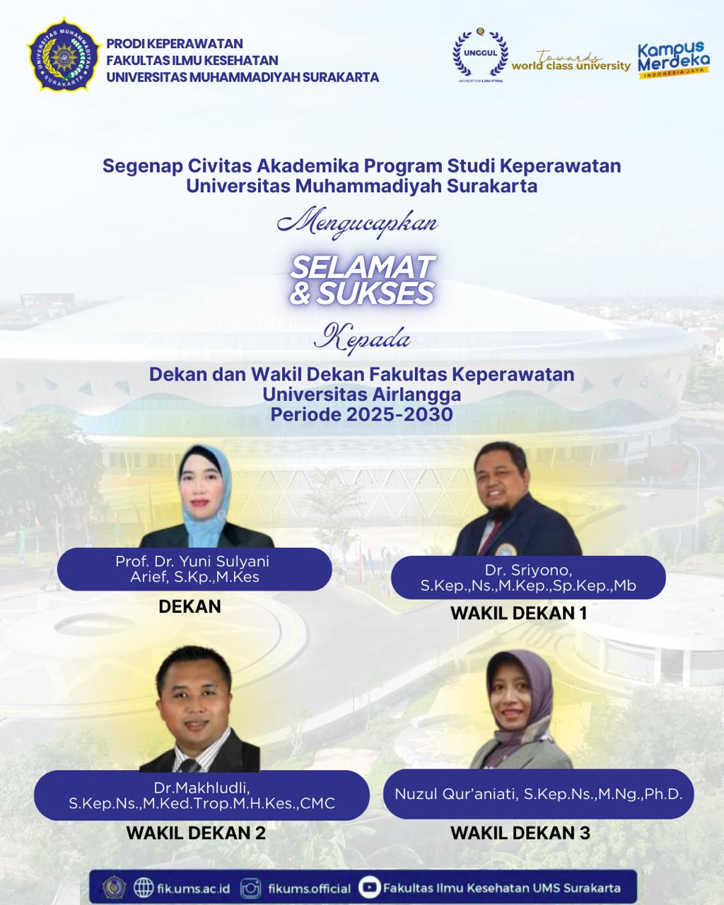 You are currently viewing Program Studi Keperawatan UMS Ucapkan Selamat dan Sukses Atas Pelantikan Dekan dan Wakil Dekan Fakultas Keperawatan UNAIR Periode 2025-2030