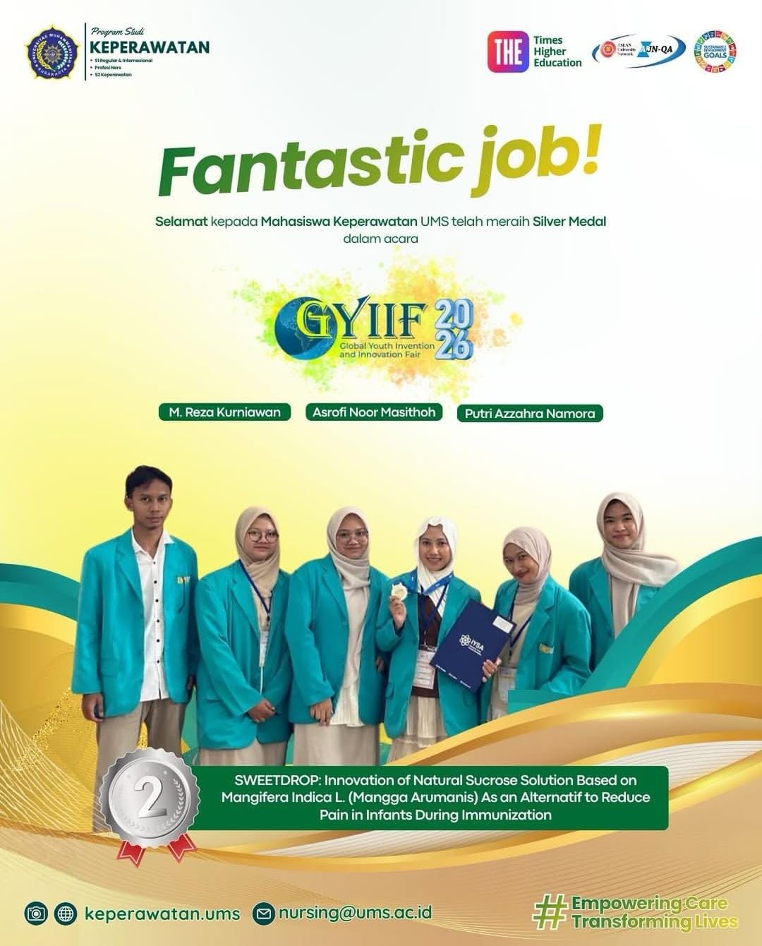 Read more about the article Inovasi ‘SWEETDROP’ Mahasiswa Keperawatan UMS Raih Silver Medal di GYIIF 2026