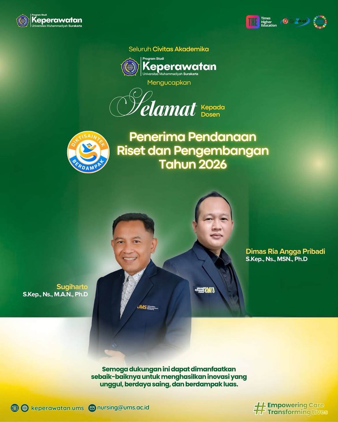 Read more about the article Banggakan Kampus, Dua Dosen Keperawatan UMS Raih Pendanaan Riset dan Pengembangan Tahun 2026